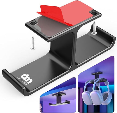 All Aluminum Headphone Stand Under Desk, Dual Headset Holder Hanger with Industrial-Strength Adhesive & Screw Mount, Gaming Desk Accessories, Under Table Earphone Hook for PC Headsets, Bags, Black