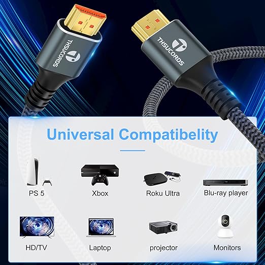 8K 4K HDMI Cable 1.6FT, High Speed Braided HDMI to HDMI 2.1 Cord Supports 8K@60Hz, 4K@120Hz 144Hz 48Gbps Compatible with Roku TV/PS5/HDTV/Blu-ray