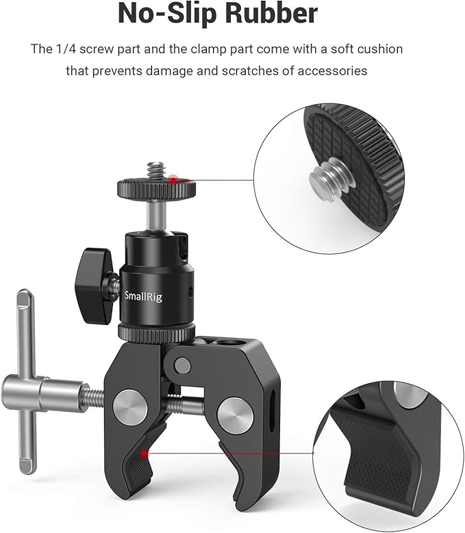 SmallRig Super Clamp Mount with Mini Ball Head Mount, Hot Shoe Adapter with 1/4 Screw for LCD Field Monitor, LED Lights, Flash, Microphone, for Gopro, for DJI Action 2, for Insta360
