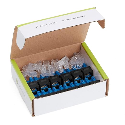 trueCABLE Cat6A Keystone Jack, Unshielded (UTP), 90 Degree Punch-Down, PoE++ (4PPoE), UL Listed, ETL Verified, ANSI/TIA Certified, Modular RJ45 Female, Black, 12 Pack