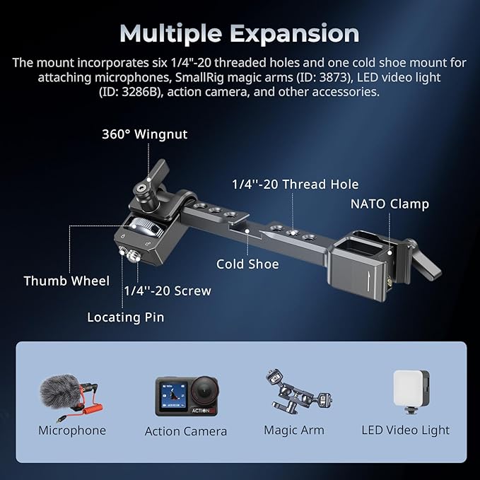 SmallRig Adjustable Camera Monitor Mount with Quick Release NATO Clamp, Cold Shoe Mount, Anti-Twist Design for DJI RS 4 Mini/RS 2 / RSC 2 / RS 3 / RS 3 Pro/RS 3 Mini - 5337