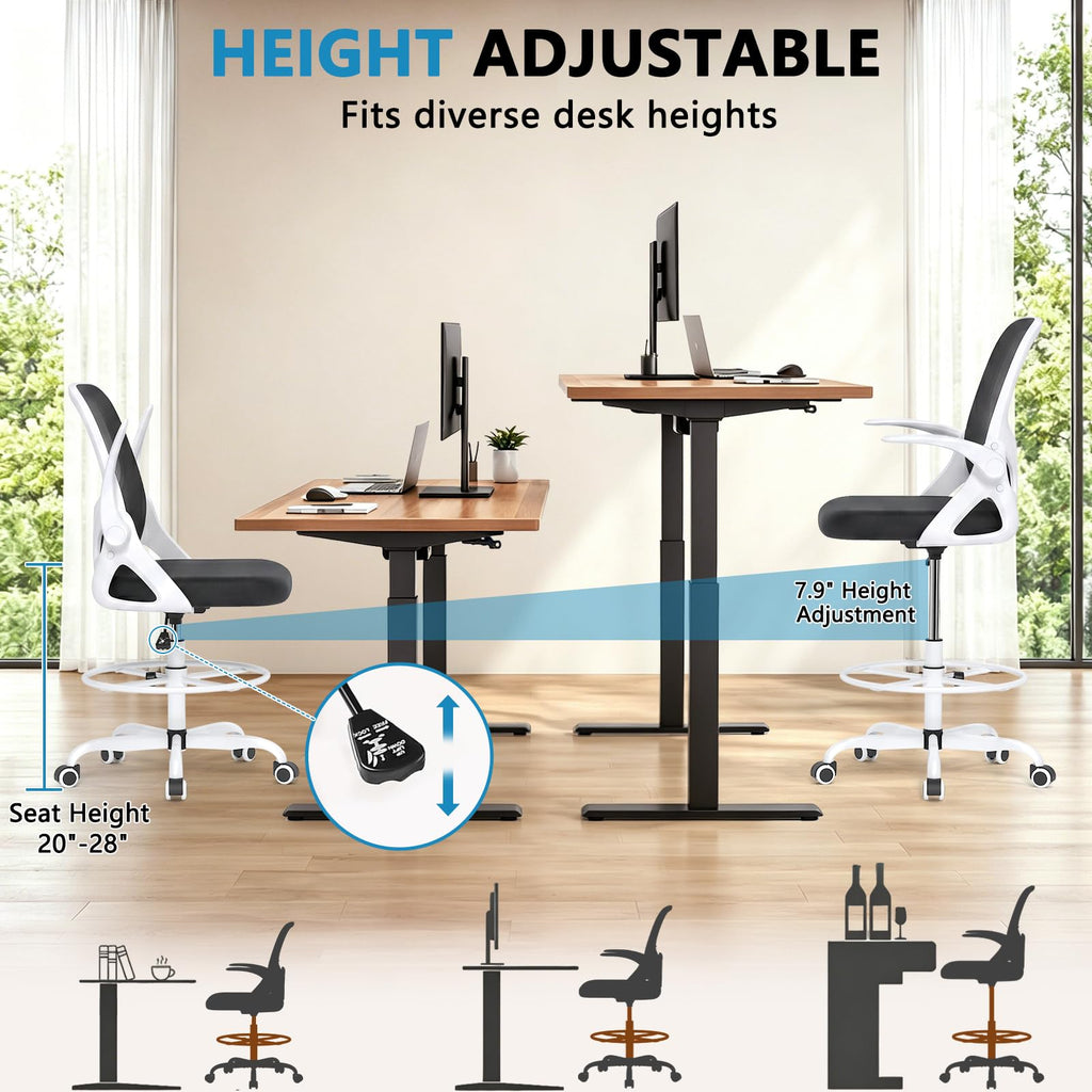 Kensaker Drafting Chair Tall Office Chair, Ergonomic Standing Desk Chair with Adjustable Foot Ring and Flip-up Armrests, Mesh Computer Chair for Art Studio, 300 LBS, White