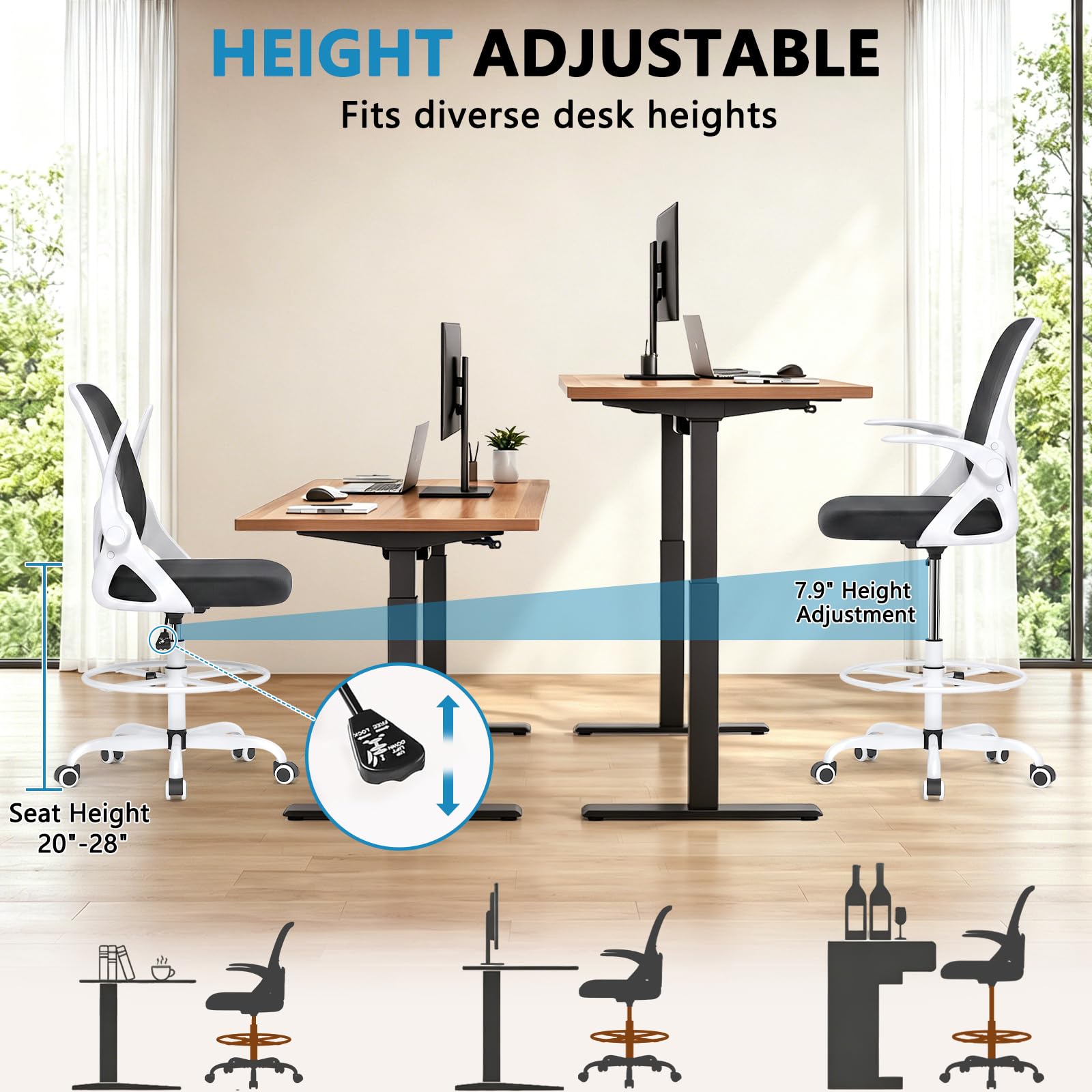 Kensaker Drafting Chair Tall Office Chair, Ergonomic Standing Desk Chair with Adjustable Foot Ring and Flip-up Armrests, Mesh Computer Chair for Art Studio, 300 LBS, White
