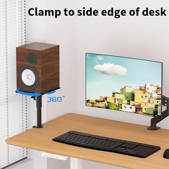 suptek Clamp-on Speaker Stand Desk Mount Set, Height Adjustment, Swivel, 9.6 x 8.8 inch Trays, Universal Audio Holders for Computer and Bookshelf Speakers, Elevated Sound, 2 Pack, Black, SDM001G