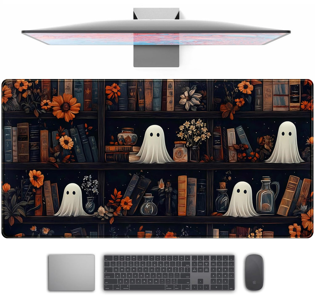 Cute Ghost Desk Mat Dark Vintage Large Mouse Pad Gaming Black Mouse Pad XXL Large Gaming Mousepad Desk Mat for Desktop Office Computer Laptop Keyboard and Mouse Mat - 31.5 X 15.7 in Desktop Protector