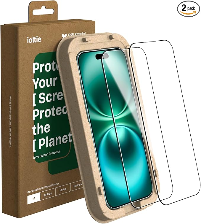 iOttie Terra iPhone 16 Tempered Glass Screen Protector Military Grade 9H Hardness Shatterproof Scratch Resistant, Edge to Edge Protection Easy Bubble Free Install, 2 Pack
