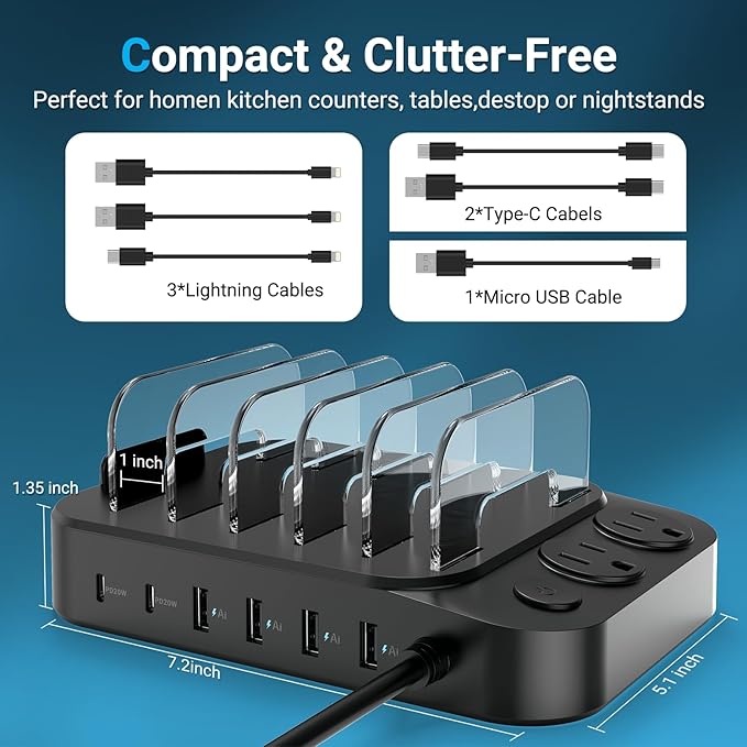 Catlyn Charging Station for Multiple Devices, 8 Port Charger Stations with 6 Mixed Charger Cables Organizer Dock,Compatible for Cell Phone,Tablet, Kindle, iPhone iPad for Family Home Office（Black）