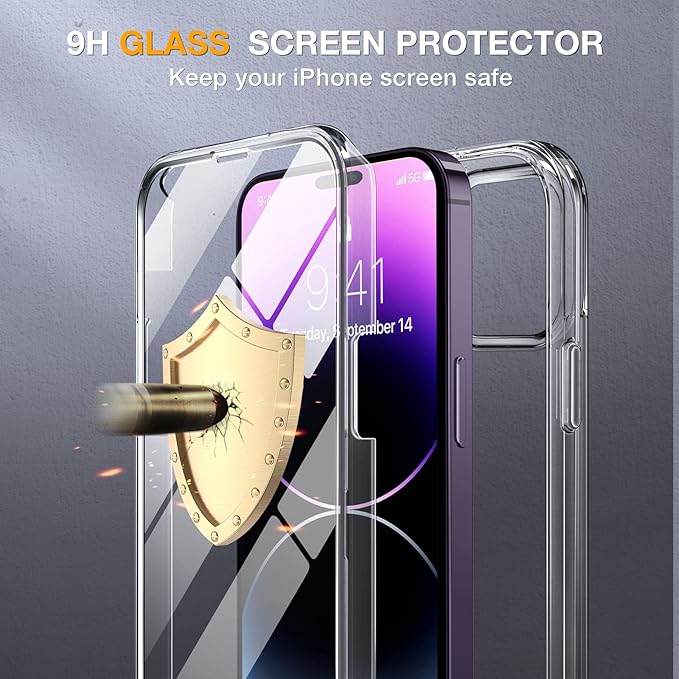 Miracase Glass Series Designed for iPhone 14 Pro Case 6.1 Inch, Upgrade Full-Body Bumper Case with Built-in 9H Tempered Glass Screen Protector, with Camera Lens Protector, Clear