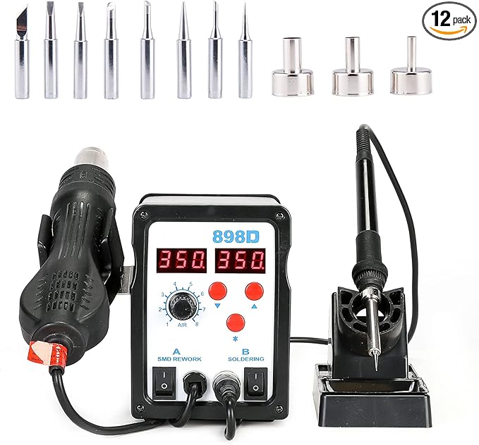 CREWORKS 2 in 1 SMD Soldering Iron & Hot Air Rework Station with LED Display, 898D Soldering Kit with Heat Gun, Digital Electronic Repair Tool with 11pcs Soldering Tips
