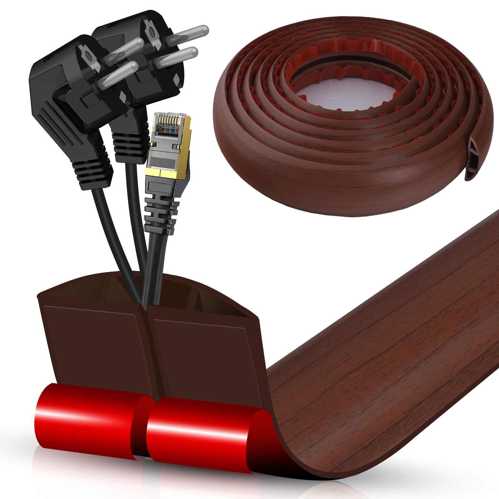 Floor Cord Cover Cavity 0.8"x0.37" Self Adhesive Cord Hider, 10FT Low Profile Cable Management, Extension Strip Protector for Wires, Prevent Cable Trips for Offices, Gyms, Exhibitions（Red Teak）