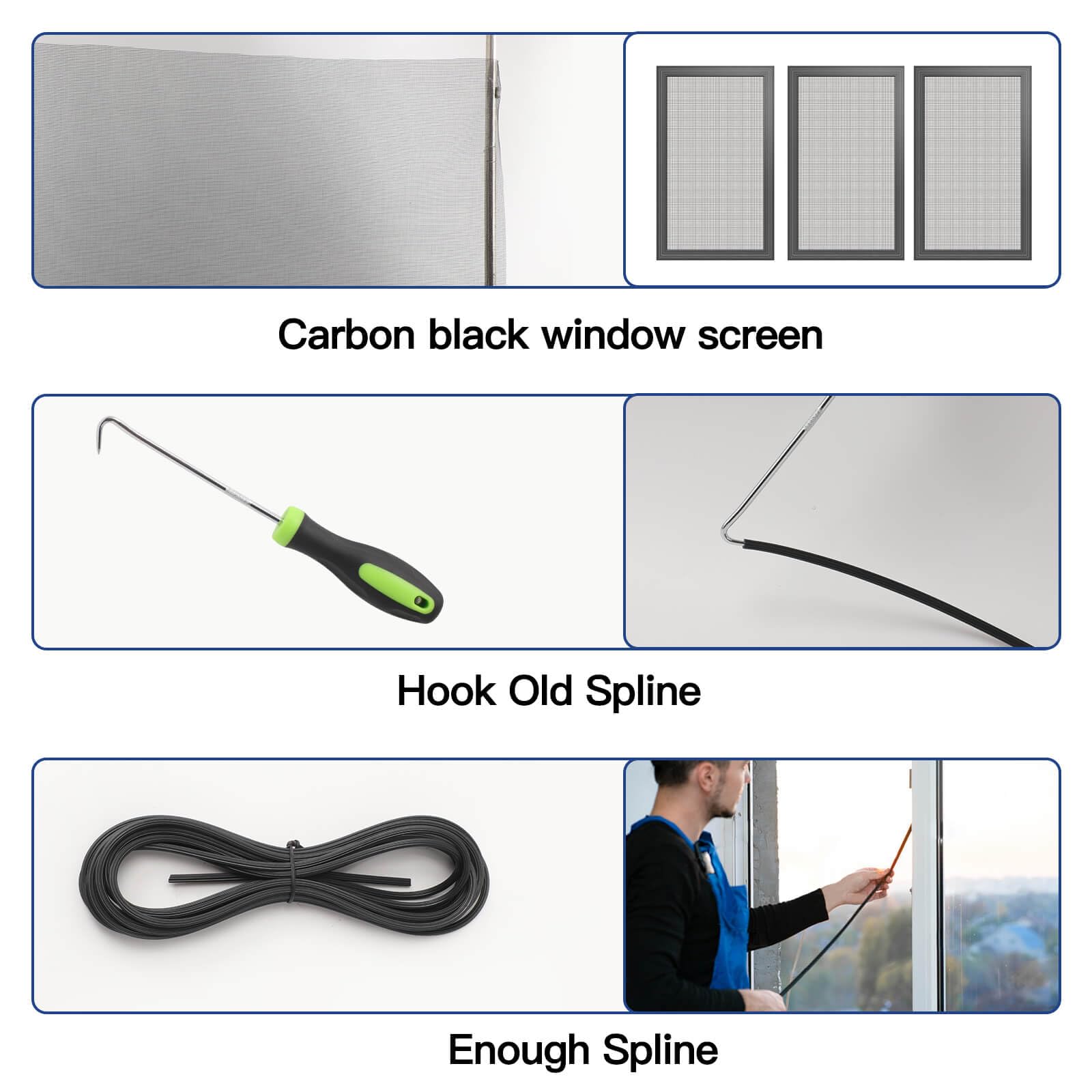 Window Screen Door Repair Kit Include Window Screens Mesh 48"x118" with All Tools in Window Screen Replacement(2pcs Screen Rollers, Screen splines, Hook, Utility Knife and Ruler), Yolovit