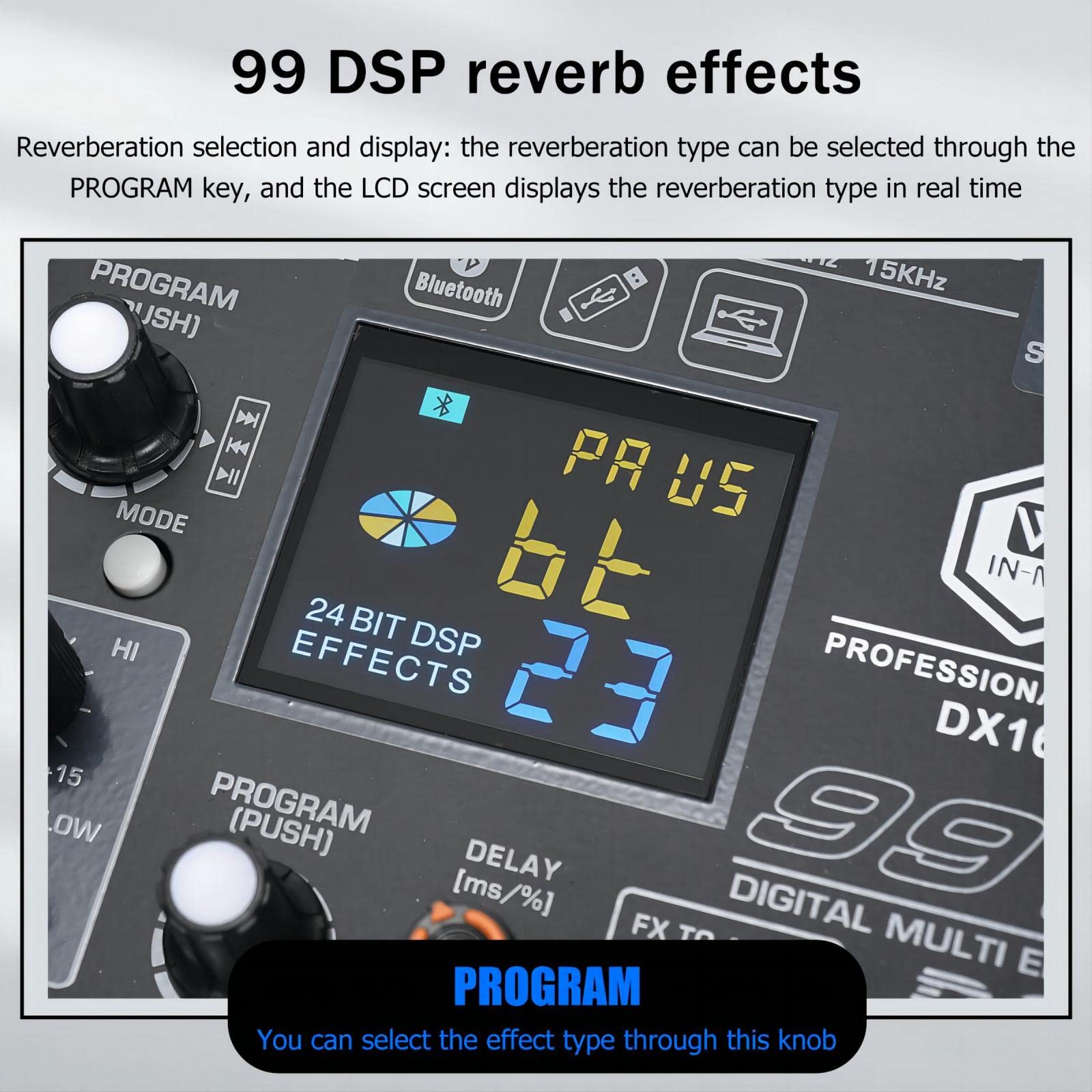 W IN-MIX DX16 Professional 16-Channel DJ Mixer with 99 DSP Effects, 7-Band EQ, 48V Phantom Power, Bluetooth & USB Recording for Live Performance, Studio, Podcast & Streaming