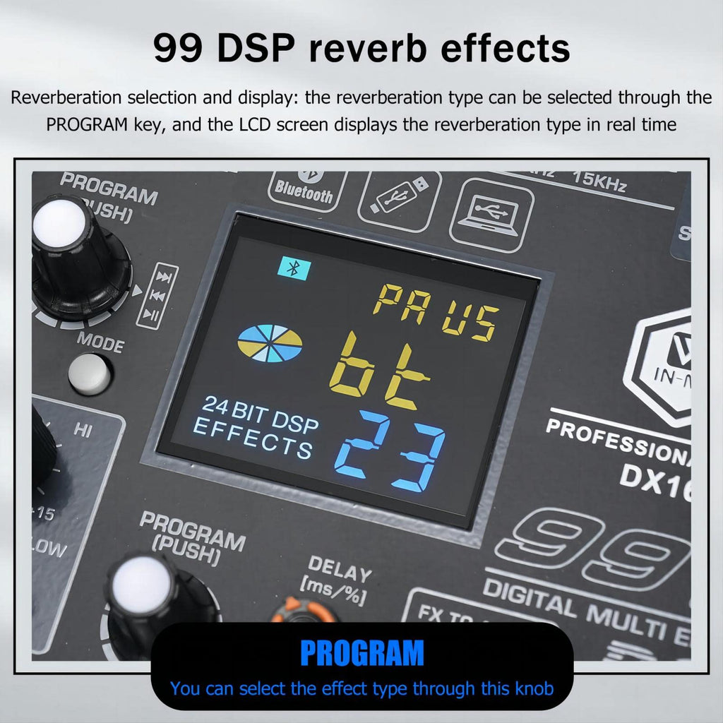 W IN-MIX DX16 Professional 16-Channel DJ Mixer with 99 DSP Effects, 7-Band EQ, 48V Phantom Power, Bluetooth & USB Recording for Live Performance, Studio, Podcast & Streaming