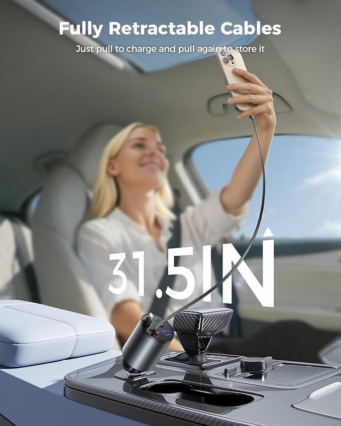 Retractable Car Charger, [2025 New] 4 in 1 Fast Car Phone Charger with Retractable Type C & L Cords, 120W USB Car Charging Adapter for iPhone 16 Pro Max 15 14 13 12, Samsung Galaxy, Pixel