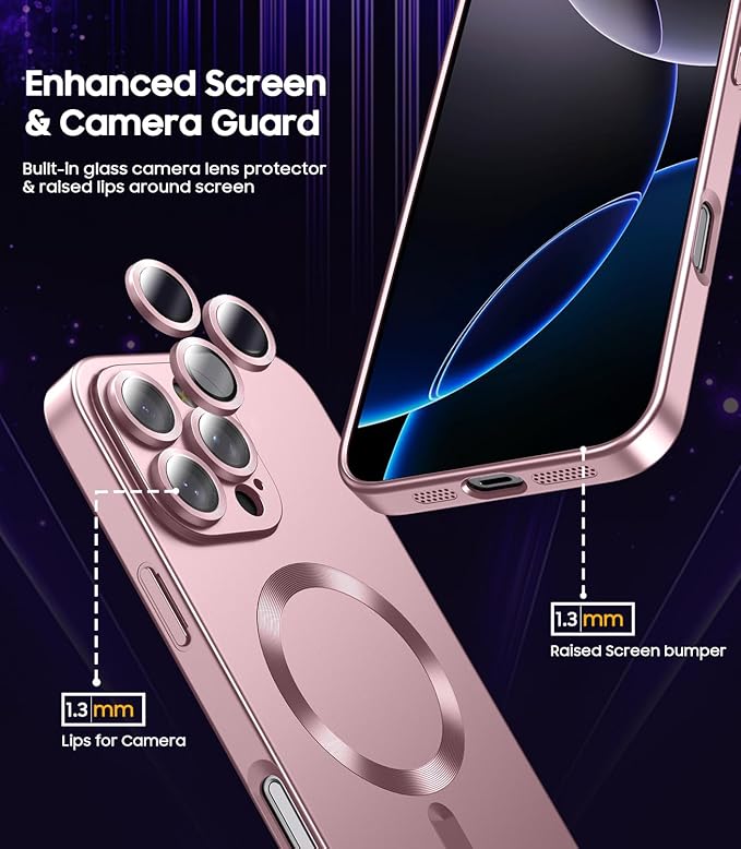 Magnetic for iPhone 16 Pro Max Case [Compatible with MagSafe][Built-in Camera Lens Protector] Slim Soft Silicone Bumper Shockproof Metallic Luster Phone Case (Rose Gold)