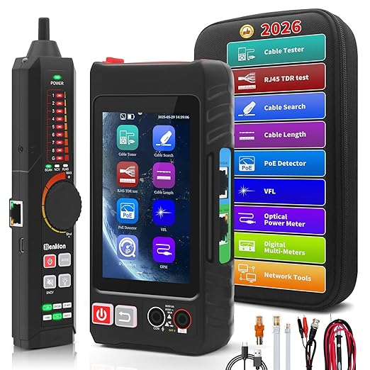 Multifunction RJ45 Network Caber Tester, UTP Cable Tester Ethernet Cable Tracer, 4" IPS Touch Screen Support Network Tools, Digital Multi-Meter, VFL,OPM, POE++ Detect,RJ45 TDR, Cable Length,NCV