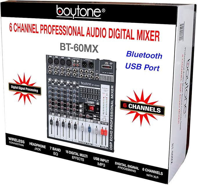 Boytone BT-60MX, 6 Channel Bluetooth Audio Mixer - DJ Sound Controller, USB MP3 Player, 4 XLR Microphone Jack, 7 Band EQ, 16 DSP Digital Multi Effects Processor, RCA IN-OUT Jack, 48V Phantom Power