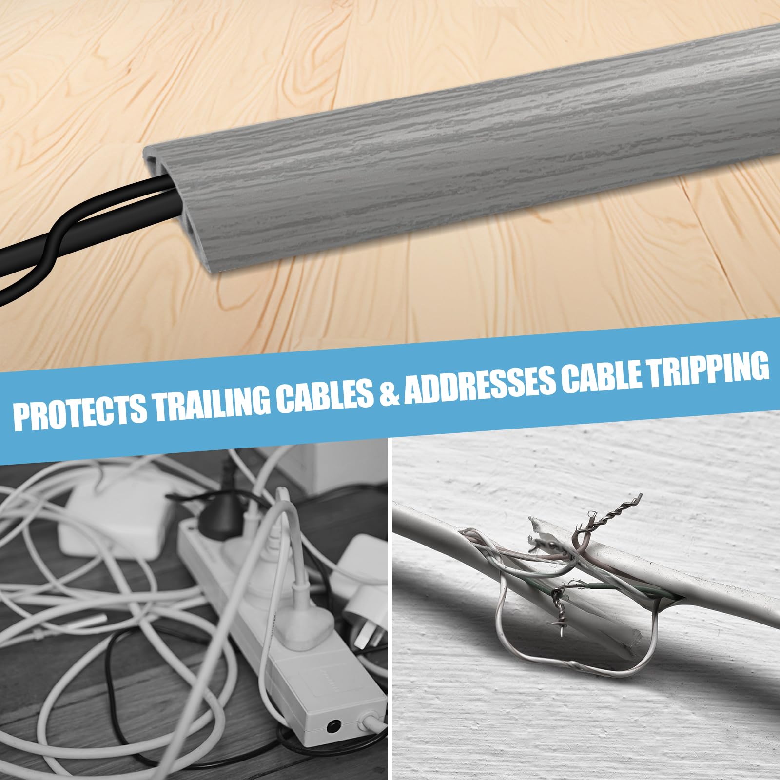 Floor Cord Cover Cavity 0.8"x0.37" Self Adhesive Cord Hider, 10FT Low Profile Cable Management, Extension Strip Protector for Wires, Prevent Cable Trips for Offices, Gyms, Exhibitions (Gray Wood)