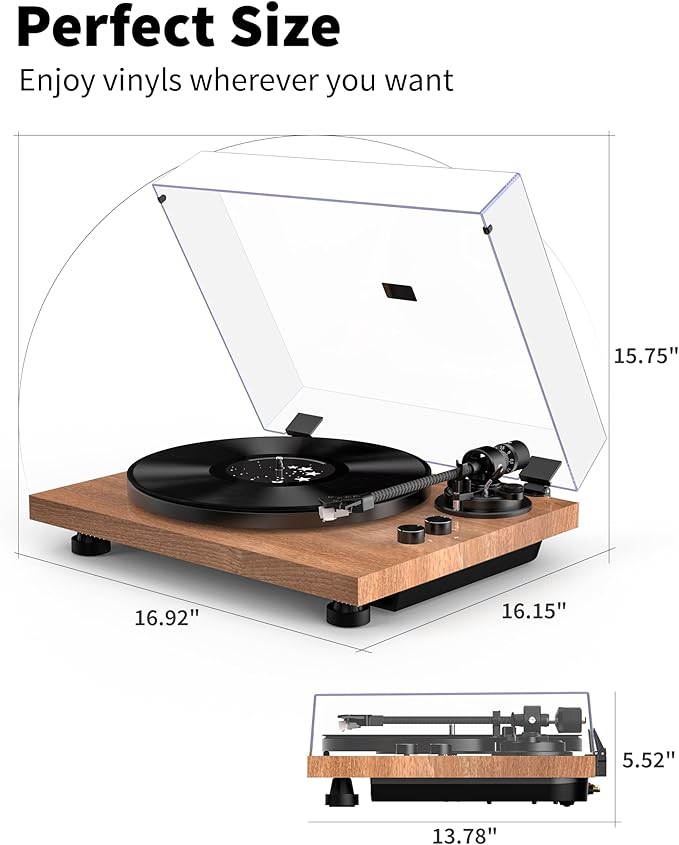 Turntable Vinyl Record Player Support Bluetooth Output Phono/Line Switch Pitch Control with Pre-Installed Counterweight & Magnetic Cartridge, Belt Drive 2 Speed