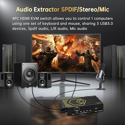 4K@60Hz HDMI KVM Switch USB3.0 4 Computers 1 Monitors HDMI 4 Port KVM Switches for 4 PC Share 1 Monitor and 4 USB 3.0 Devices SPDIF L/R Mic Audio with IR Remote Control and 4xUSB 3.0 Cables