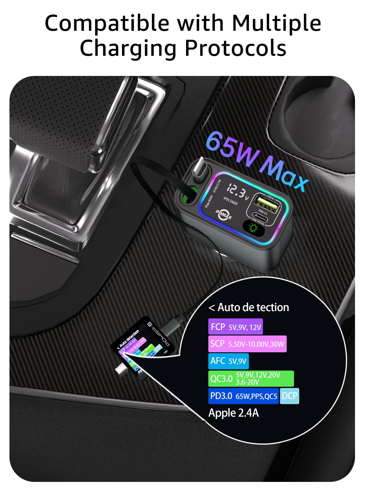 Retractable Car Charger USB C, 145W Max, Dual Cables, Voltage Display & LED