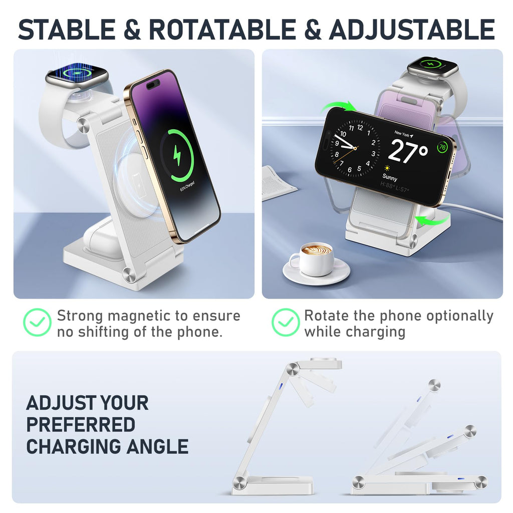 Magnetic Wireless Charger Stand, 3 in 1 Foldable Wireless Charging Station with 20W Adapter, Travel Charger for Multiple Devices for iPhone 16 15 14 13 12 Pro/Max/Plus/Mini, iWatch, AirPods