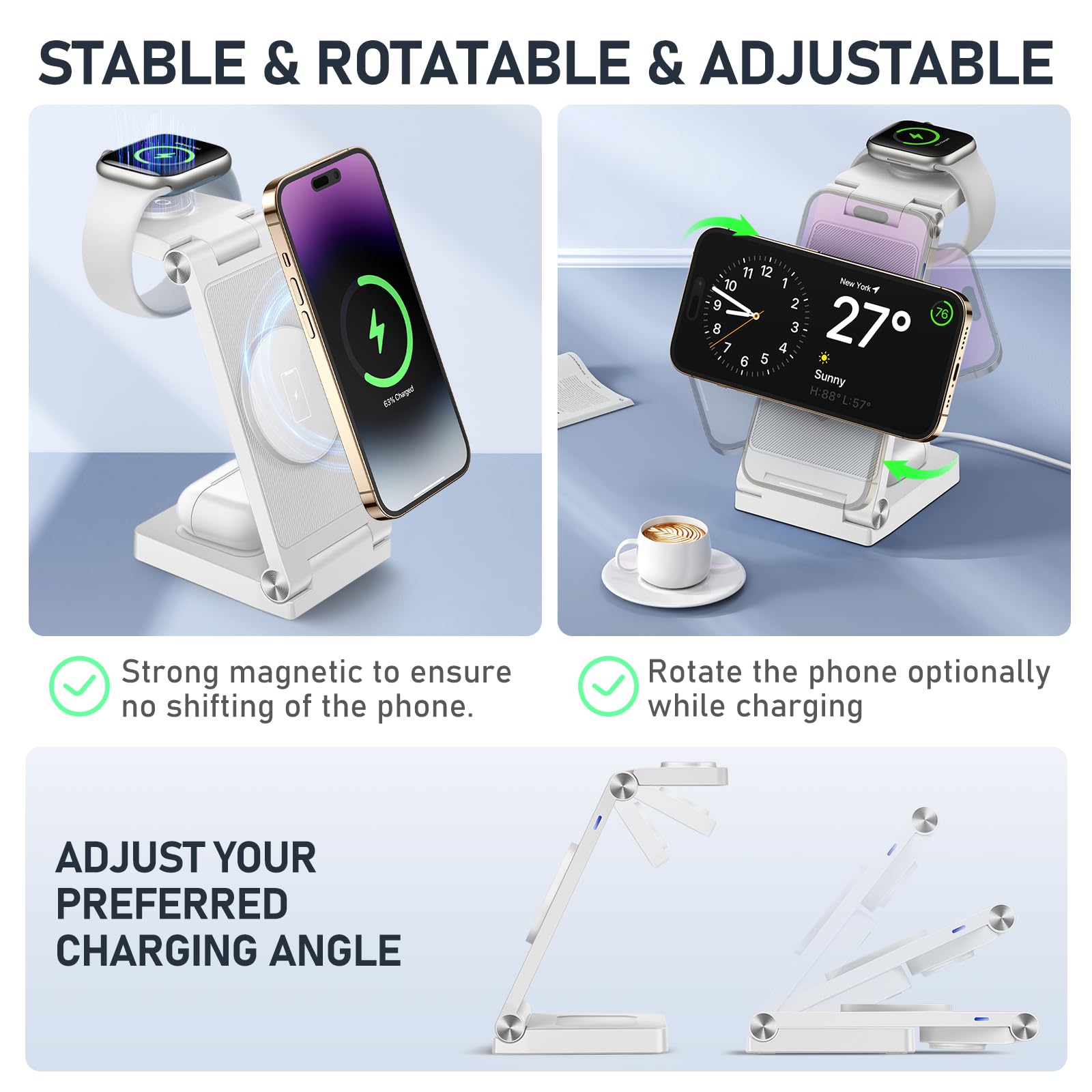 Magnetic Wireless Charger Stand, 3 in 1 Foldable Wireless Charging Station with 20W Adapter, Travel Charger for Multiple Devices for iPhone 16 15 14 13 12 Pro/Max/Plus/Mini, iWatch, AirPods