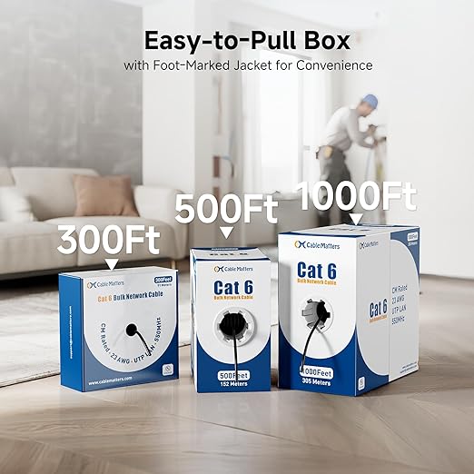 Cable Matters [UL Listed] 10Gbps in-Wall Riser Rated (CMR) 23AWG Bare Copper Cat6 Ethernet Cable - 1000ft, Cat 6 Ethernet Cable Spool, Cat 6 Cord Bulk, Blue