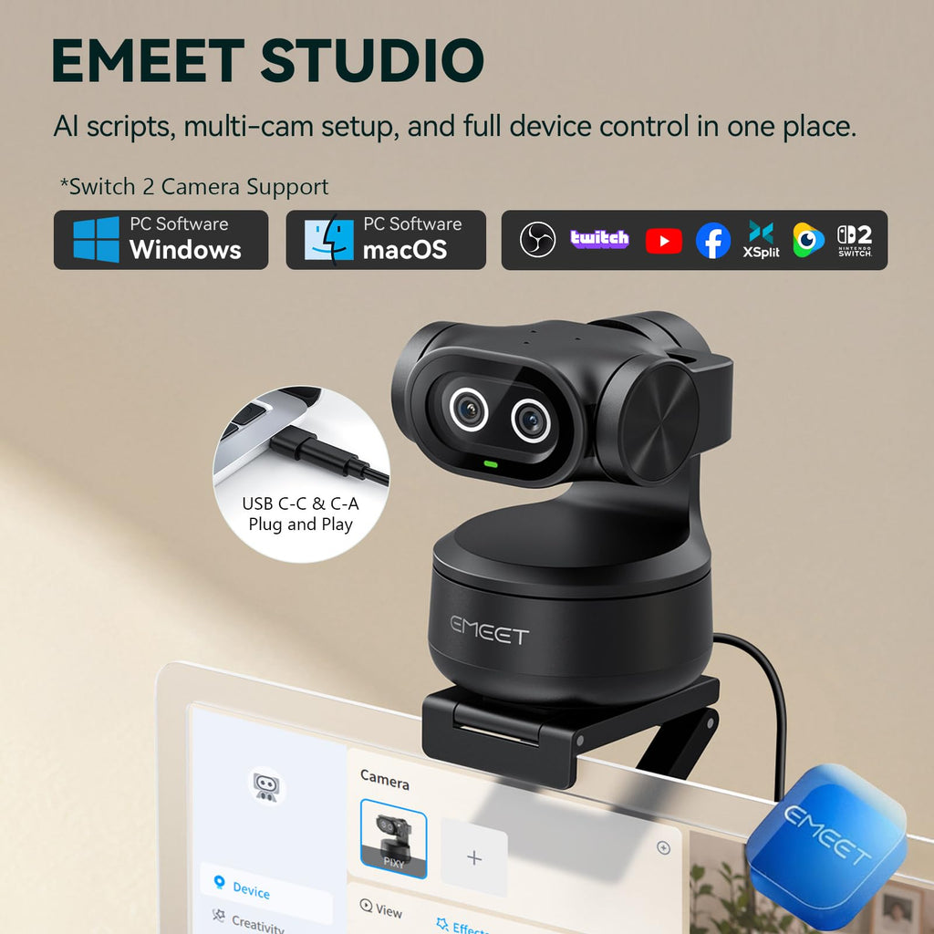 EMEET PIXY Dual-Camera AI-Powered PTZ Camera 4K, AI Tracking