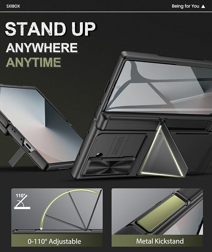 for Galaxy Z Fold 6 Case with Card Holder & Kickstand & Hinge Protection & Sliding Lens Cover, Built-in Screen Protector, Rugged Wallet Phone Case for Samsung Z Fold6, Black