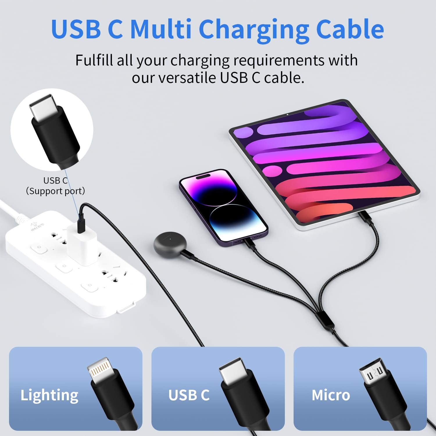 3 in 1 Multi Charging Cable, USB Cable Universal Charger, 2Pack 4FT