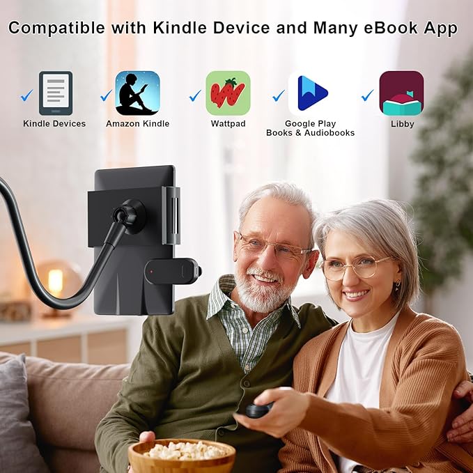 Gooseneck Tablet Holder for Kindle Reading in Bed with Page Turner Remote, Hands Free Desk Bedside Lazy Arm Stand for Kindle Accessories, Gifts for Readers