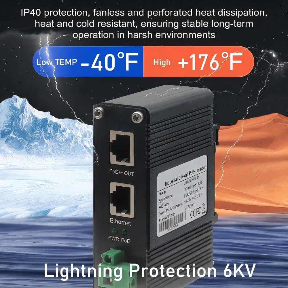 xoxnikior Industrial Gigabit 95W PoE++ Injector, 12-48VDC, DIN-Rail