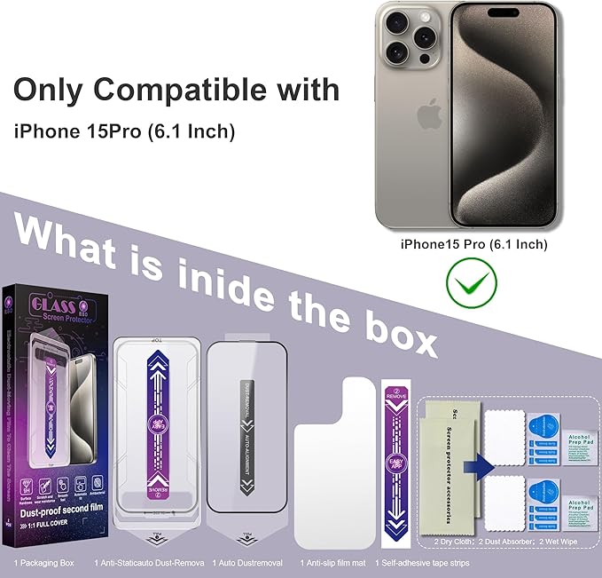 2 Pack Screen Protector for iPhone 15 Pro, 9H Tempered Glass, Full Coverage, Anti-Fingerprint, Auto Dust-Elimination, No Bubble, Easy Installation