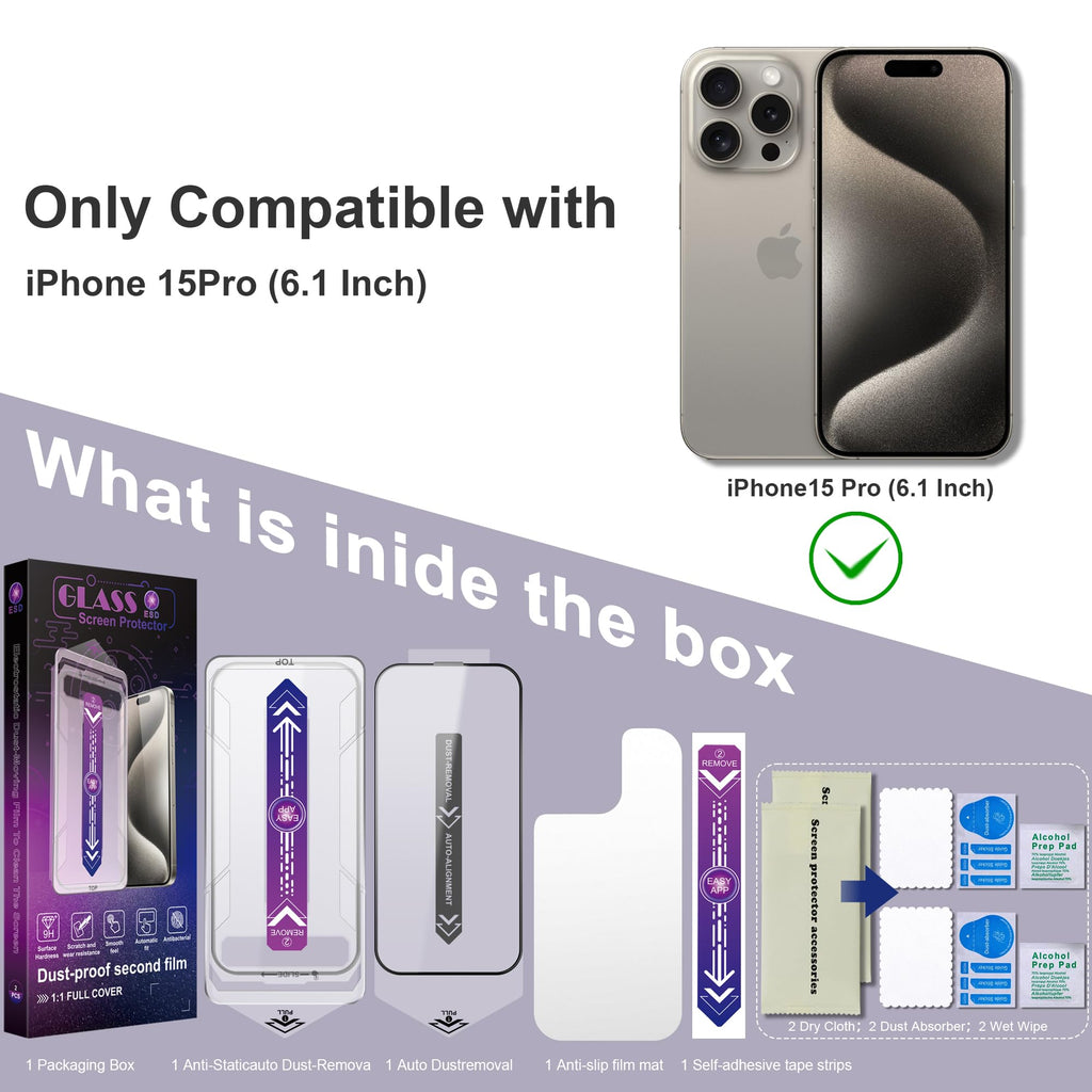 CHRYSHA 2-Pack Screen Protector Tempered Glass for iPhone 15 Pro 6.1-Inch, Auto Dust Removal, No Bubbles, High Definition Clear, Easy Installation