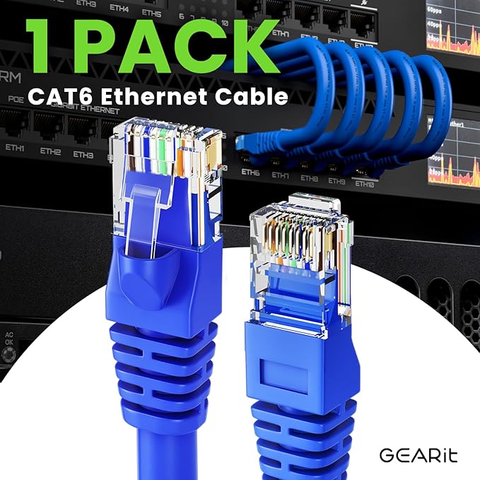 GEARit Cat 6 Ethernet Cable (1-Pack 150 Feet) Cat6 Network Patch, 10Gbps, RJ45, Snagless Cord, Gold-Plated Connectors, Internet for PC, TV, Tablet, Router, Printer, Servers, IT Data Center - Blue