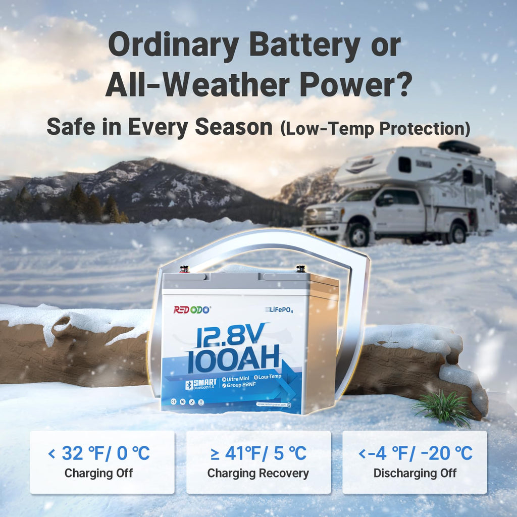 Redodo 12V 100Ah Ultra-Mini RV LiFePO4 Battery, Bluetooth Lithium Battery with Low Temp Protection, Group 22NF Size & 4000+ Deep Cycles, 100A BMS for RV Camping Trolling Motor Off Grid Use 4 Pack