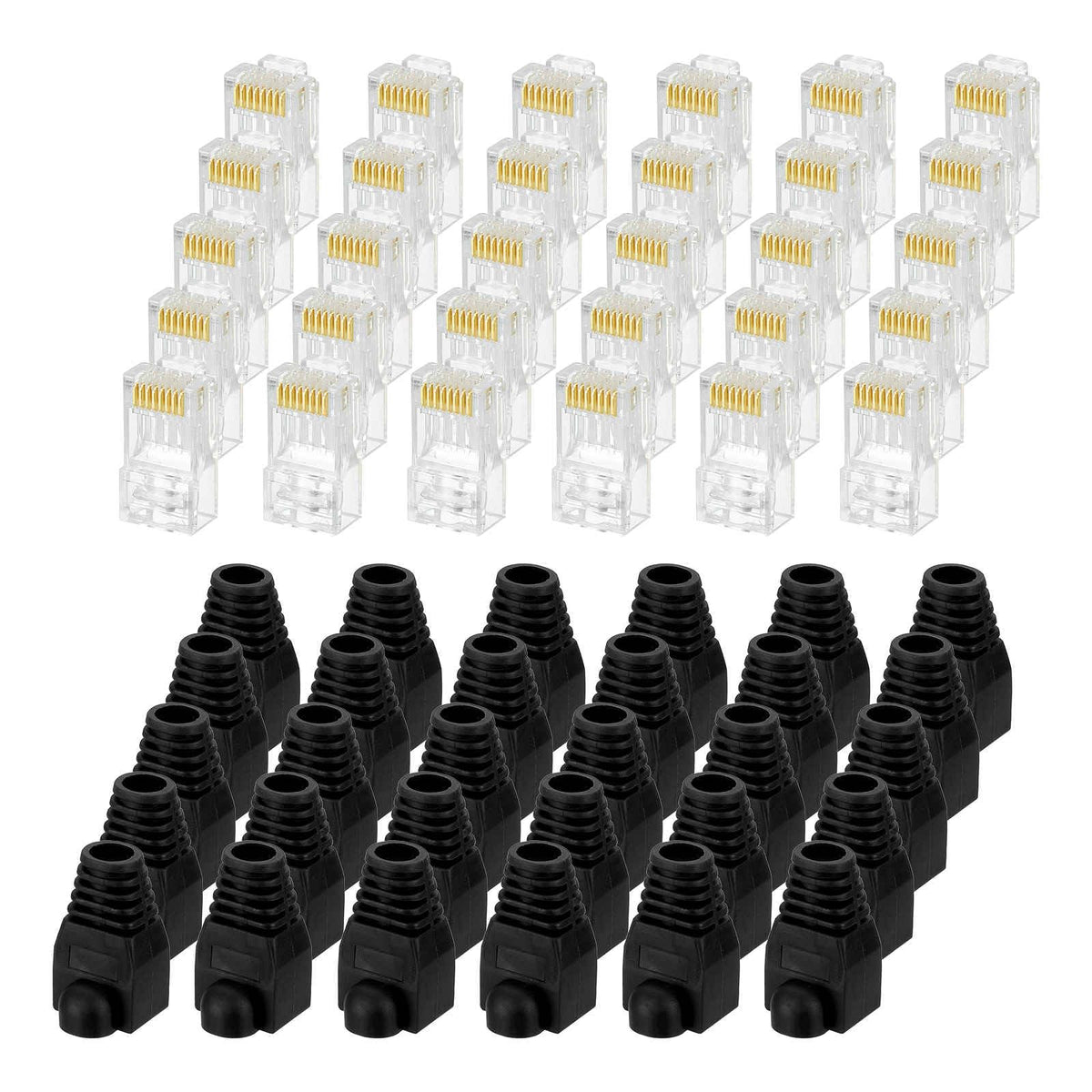 MECCANIXITY 30pcs Cat6 RJ45 Pass Through Connectors, RJ45 Connector 8P8C Gold Plated Plugs with 30pcs White Strain Relief Boots for Solid or Stranded UTP Ethernet Cable, 1.1mm