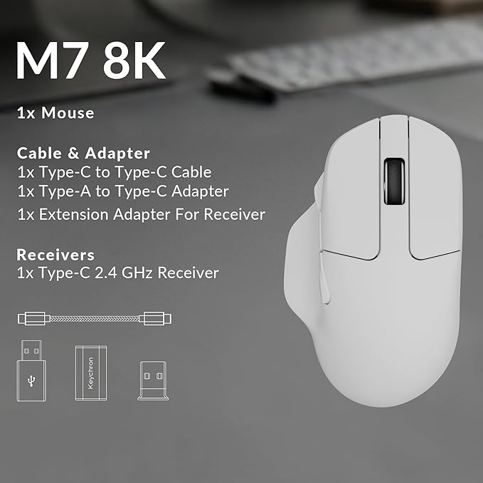 Keychron M7 8K Wireless Mouse, 30K DPI Optical Computer Mice, 2.4 GHz/Bluetooth/Wired with Macro Button 66g Lightweight Ergonomic, Up to 140 Hours Worktime for Laptop macOS/Windows - White