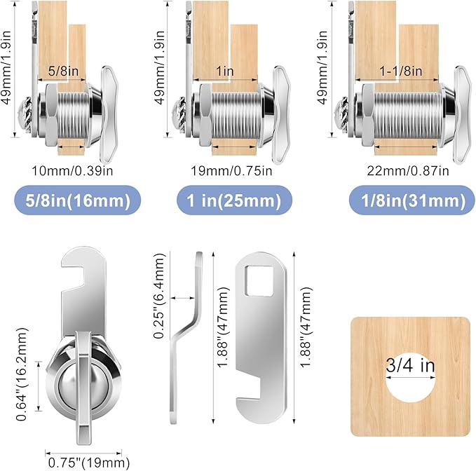 Thumb Operated Offset Cam Lock, 1" Cylinder Fits on 0.7" Max Door Thickness, Non-Locking Replacement Lock for RV Compartment Camper Storage, Cabinets, Drawers (1 Inch 6Pack)