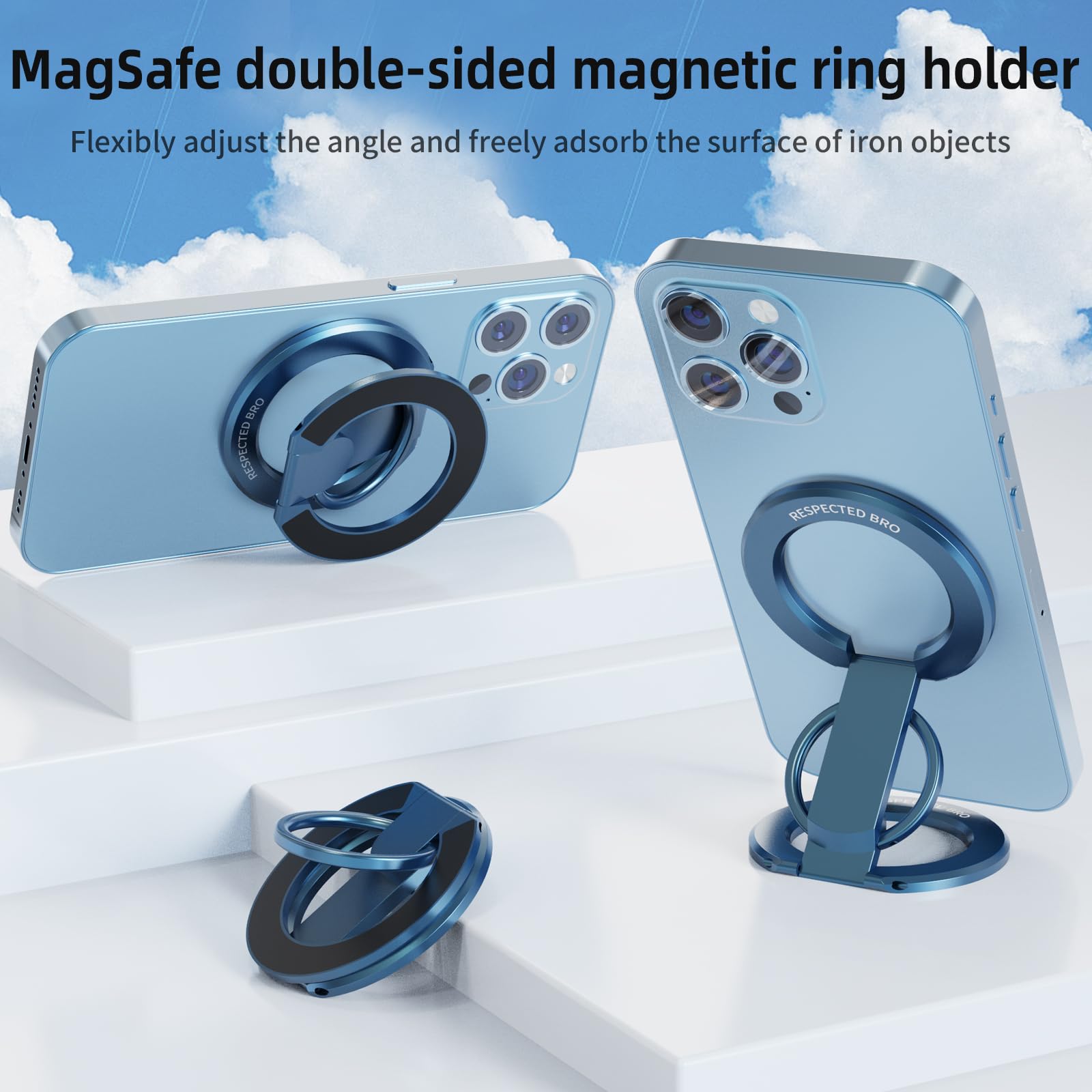 RESPECTED-BRO-Magnetic-Phone-Ring-Holder with Dual Rings, Compatible with iPhone 17/16/15/14/13/12, Multifunctional Stand for Desk,Office,Gym,Kitchen & All Metal Surfaces, Finger Loop Grip (Dark Blue)