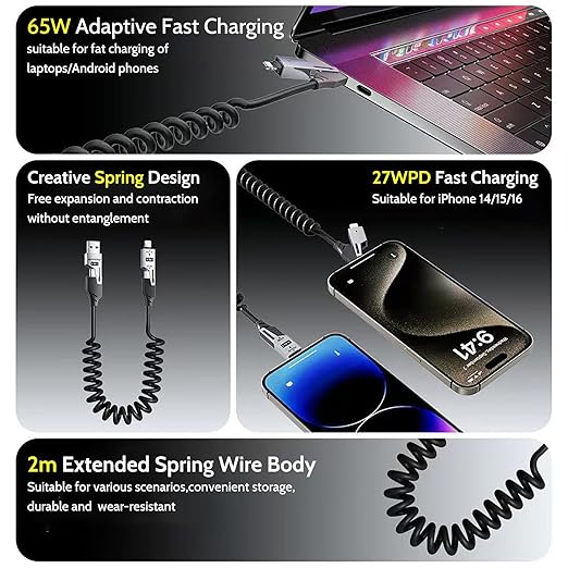 65W 4-in-1 Retractable Fast Charging Cable, 2M/6.5ft Spring Coiled USB-C to L/USB-C/USB-A Multi-Device Cord for iPhone 15/14/13, iPad, Samsung, MacBook, Laptop, Car, Tablet (2)