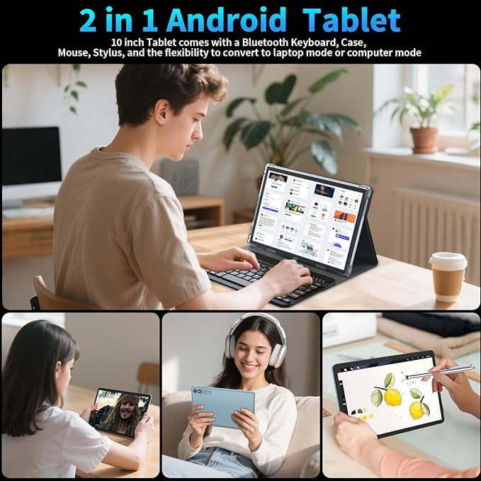 2025 Android 15 Tablet with Keyboard, 24GB+128GB+2TB Expand, 10.1 Inch Octa-Core 2-in-1 Tablets with 5G/2.4G WiFi, 8000mAh, BT5.0, GMS Certified, with Mouse, Case, Stylus, Split Screen(Pink)