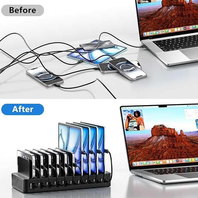 USB C Charging Station for Multiple Devices, 10-Port 100W Charging Dock, with Adjustable Dividers, USB-C Power Hub, Compatible with iPhone/Samsung/Google/Tablets/USB Devices (with 10 Cables)