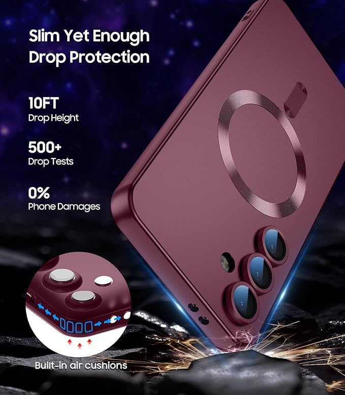 Magnetic for Samsung Galaxy S25 Plus Case [Compatible with MagSafe][Built-in Camera Lens Protector] Slim Soft Silicone Bumper Shockproof Metallic Luster Phone Shell (Burgundy)