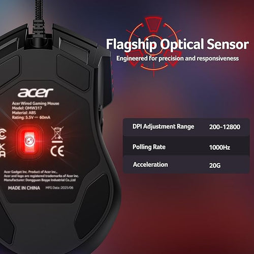 Acer Wired Gaming Mouse, 12,800 DPI RGB Ergonomic Computer Mouse for PC