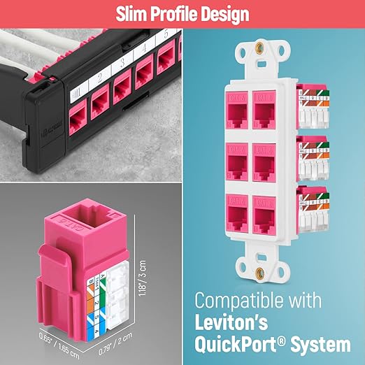 Everest 90° Angled RJ45 Cat6 Keystone Jacks 10-Pack in Pink - Slim Profile Female RJ45 Connectors - Cat 6 Keystone Jack - Compatible with 90° Angled Speed Termination Tool - easyJACK (B094WB91H3)