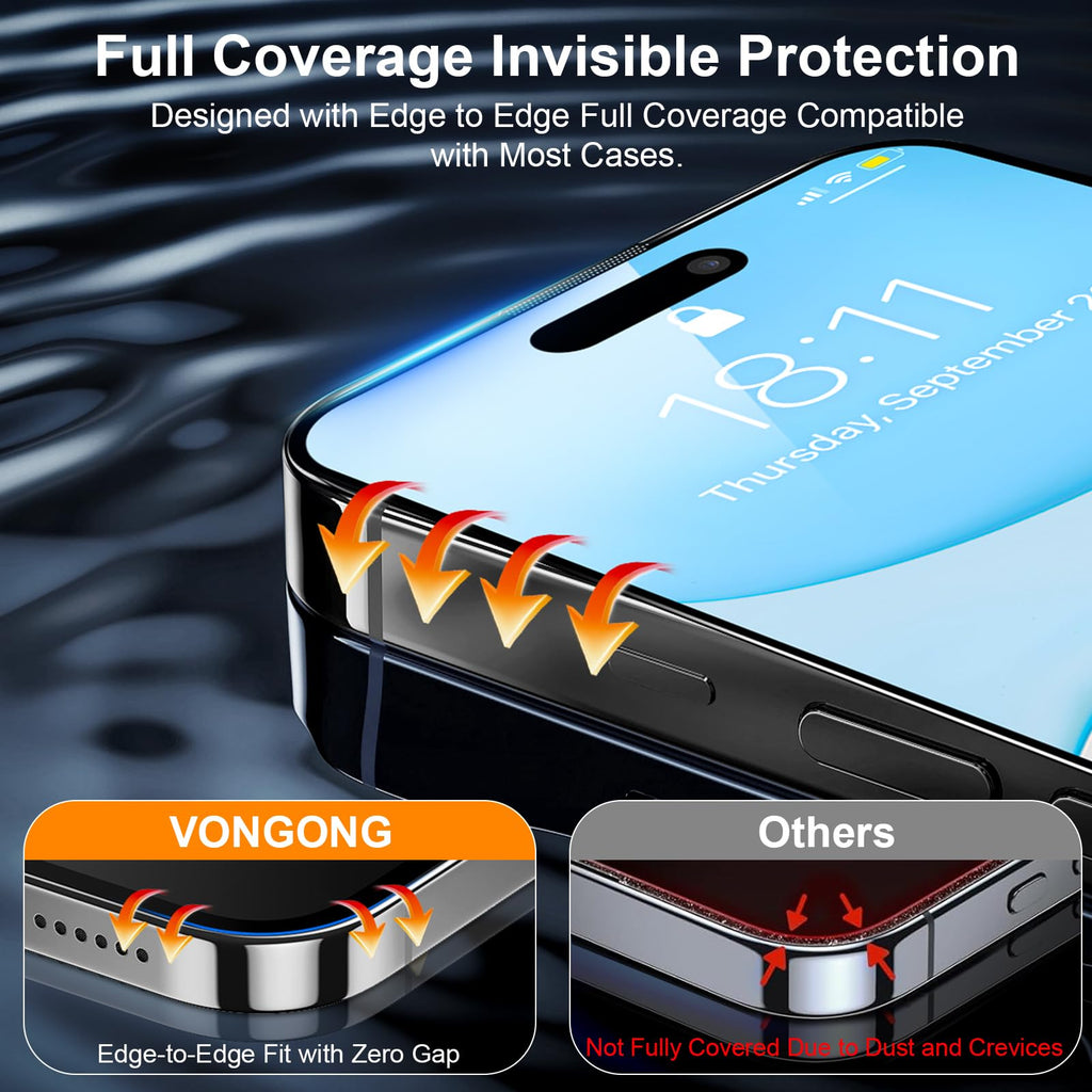Vongong 2 Pack Screen Protector for iPhone 16,Durable and Drop-Proof with 9H Hardness,Bubble-and-Dust-Free 16 HD High-Aluminum Tempered Glass,Easy Installation Exclusively
