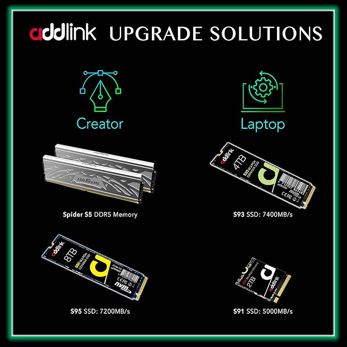 Addlink S93 2TB PCIe 4.0 M.2 Gen 4 Memory Expansion SSD, Up to 7400 MB/s, Internal Solid State Drive with HMB Technology for Laptop, Gaming and Creators