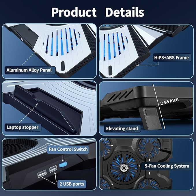 IMMOENUC Laptop Cooling Pad with 5 Fans & Peltier Device Ultra-Quiet Semiconductor Panel Cooler Stand, Adjustable Speed + Stand for 13-19 Inch Laptops (MacBook/Dell/HP) Fast Cooling Notebook